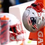 A New England Patriots helmet on the bench during the game against the Buffalo Bills at Gillette Stadium on October 22, 2023 in Foxborough, Massachusetts.