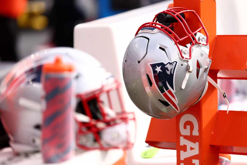 A New England Patriots helmet on the bench during the game against the Buffalo Bills at Gillette Stadium on October 22, 2023 in Foxborough, Massachusetts.