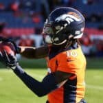 Jerry Jeudy #10 of the Denver Broncos warms up prior to a game against the Cleveland Browns at Empower Field At Mile High on November 26, 2023 in Denver, Colorado.