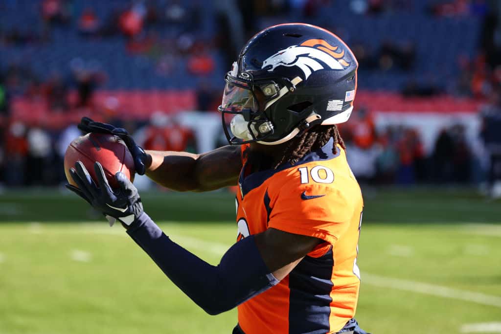 Jerry Jeudy #10 of the Denver Broncos warms up prior to a game against the Cleveland Browns at Empower Field At Mile High on November 26, 2023 in Denver, Colorado.