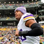 Jordan Hicks #58 of the Minnesota Vikings takes the field prior to the game against the Green Bay Packers at Lambeau Field on October 29, 2023 in Green Bay, Wisconsin.