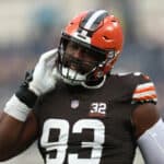 Shelby Harris #93 of the Cleveland Browns during warm up before the game against the Los Angeles Rams at SoFi Stadium on December 03, 2023 in Inglewood, California.