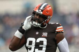 Shelby Harris #93 of the Cleveland Browns during warm up before the game against the Los Angeles Rams at SoFi Stadium on December 03, 2023 in Inglewood, California.