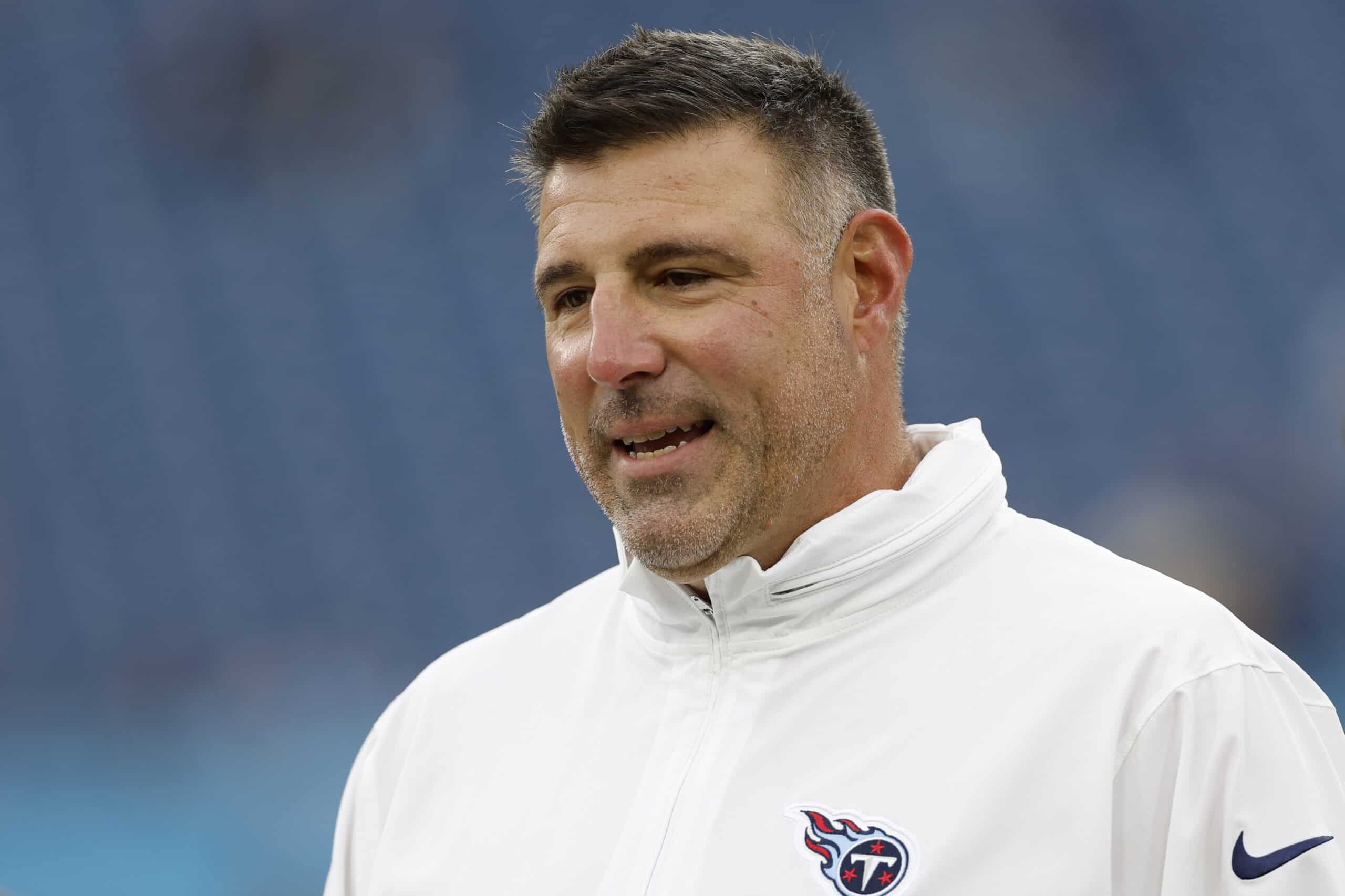 NASHVILLE, TENNESSEE - NOVEMBER 26: Head coach Mike Vrabel of the Tennessee Titans looks on prior to a game against the Carolina Panthers at Nissan Stadium on November 26, 2023 in Nashville, Tennessee. 