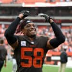 Christian Kirksey #58 of the Cleveland Browns celebrates defeating the Baltimore Ravens at FirstEnergy Stadium on October 7, 2018 in Cleveland, Ohio. The Browns won 12 to 9.