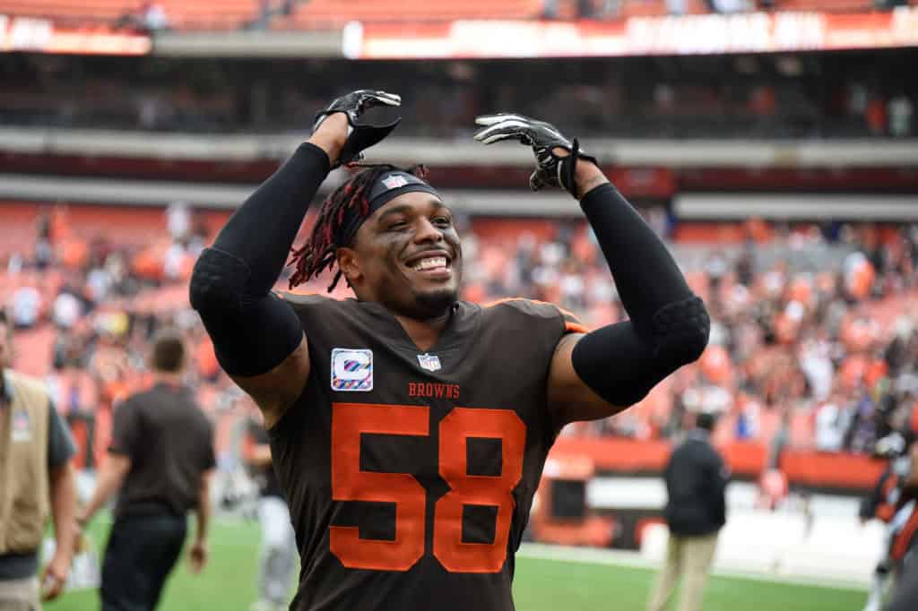 Christian Kirksey #58 of the Cleveland Browns celebrates defeating the Baltimore Ravens at FirstEnergy Stadium on October 7, 2018 in Cleveland, Ohio. The Browns won 12 to 9.