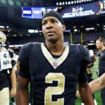 Jameis Winston #2 of the New Orleans Saints walks off the field after the preseason game against the Houston Texans at Caesars Superdome on August 27, 2023 in New Orleans, Louisiana. The Texans defeated the Saints 17-13.