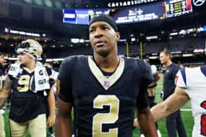 Jameis Winston #2 of the New Orleans Saints walks off the field after the preseason game against the Houston Texans at Caesars Superdome on August 27, 2023 in New Orleans, Louisiana. The Texans defeated the Saints 17-13.