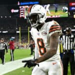 Elijah Moore #8 celebrates a touchdown against the New York Jets at Cleveland Browns Stadium on December 28, 2023 in Cleveland, Ohio.