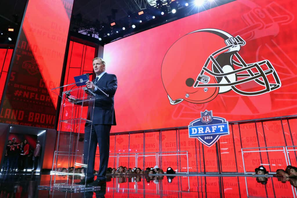 NFL Commissioner Roger Goodell announces a pick by the Cleveland Browns during the first round of the 2018 NFL Draft at AT&T Stadium on April 26, 2018 in Arlington, Texas.