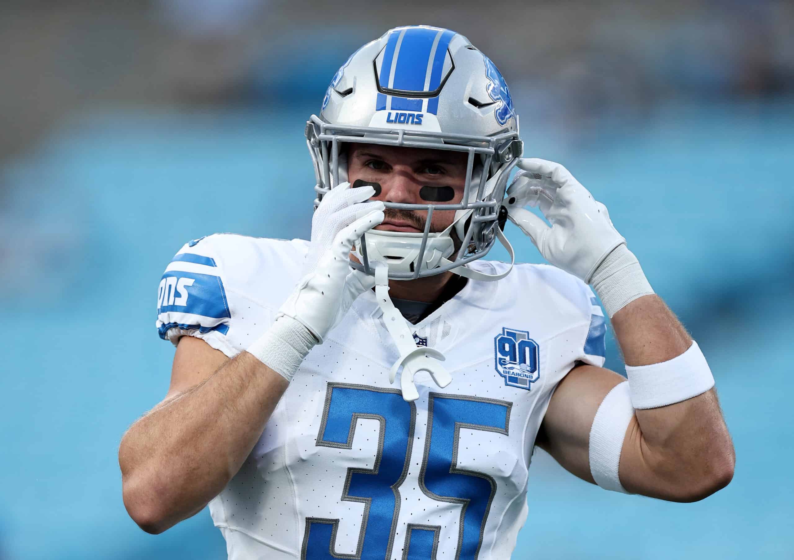CHARLOTTE, NORTH CAROLINA - AUGUST 25: Brady Breeze #35 of the Detroit Lions looks on prior to a preseason game against the Carolina Panthers at Bank of America Stadium on August 25, 2023 in Charlotte, North Carolina.