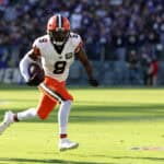 Elijah Moore #8 of the Cleveland Browns runs the ball against the Baltimore Ravens during the second quarter at M&T Bank Stadium on November 12, 2023 in Baltimore, Maryland.