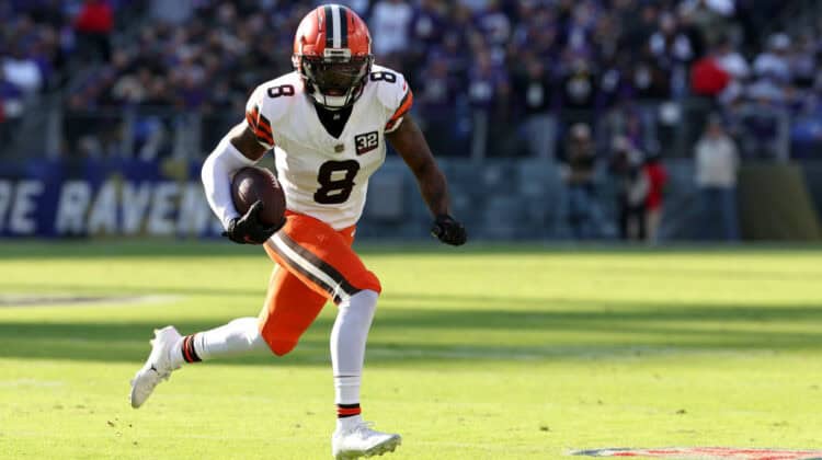 Elijah Moore #8 of the Cleveland Browns runs the ball against the Baltimore Ravens during the second quarter at M&T Bank Stadium on November 12, 2023 in Baltimore, Maryland.
