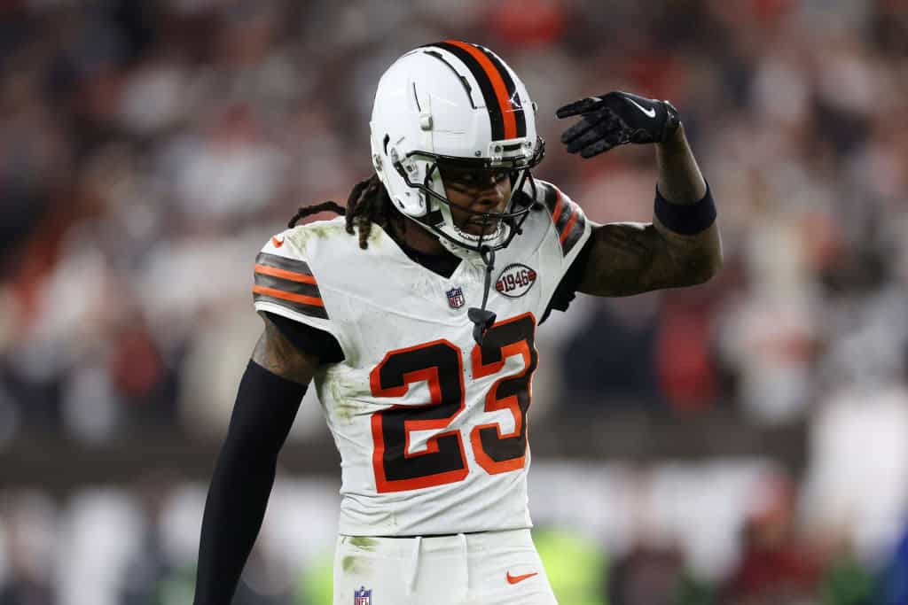 Martin Emerson Jr. #23 of the Cleveland Browns celebrates in the first half against the New York Jets at Cleveland Browns Stadium on December 28, 2023 in Cleveland, Ohio.