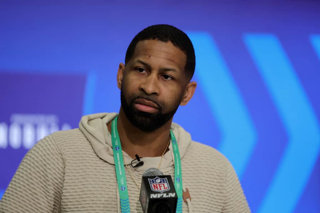 General manager Andrew Berry of the Cleveland Browns speaks to the media during the NFL Combine at the Indiana Convention Center on February 27, 2024 in Indianapolis, Indiana.