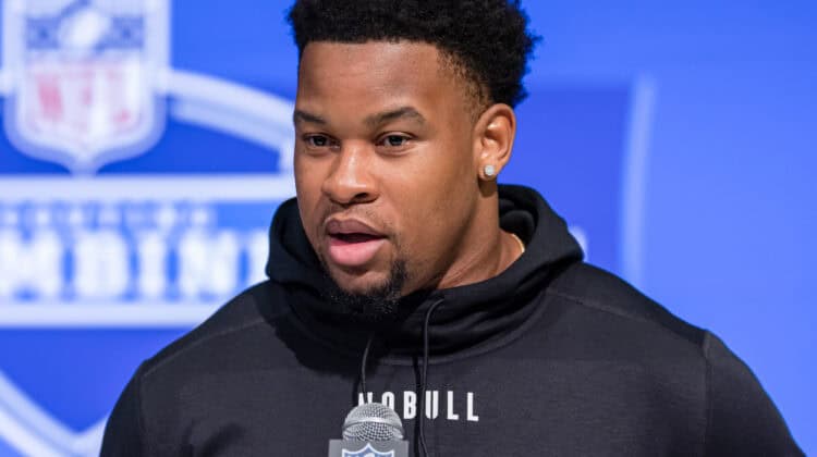 INDIANAPOLIS, INDIANA - FEBRUARY 28: Nathaniel Bookie Watson #LB29 of the Mississippi State Bulldogs speaks to the media during the 2024 NFL Draft Combine at Lucas Oil Stadium on February 28, 2024 in Indianapolis, Indiana.