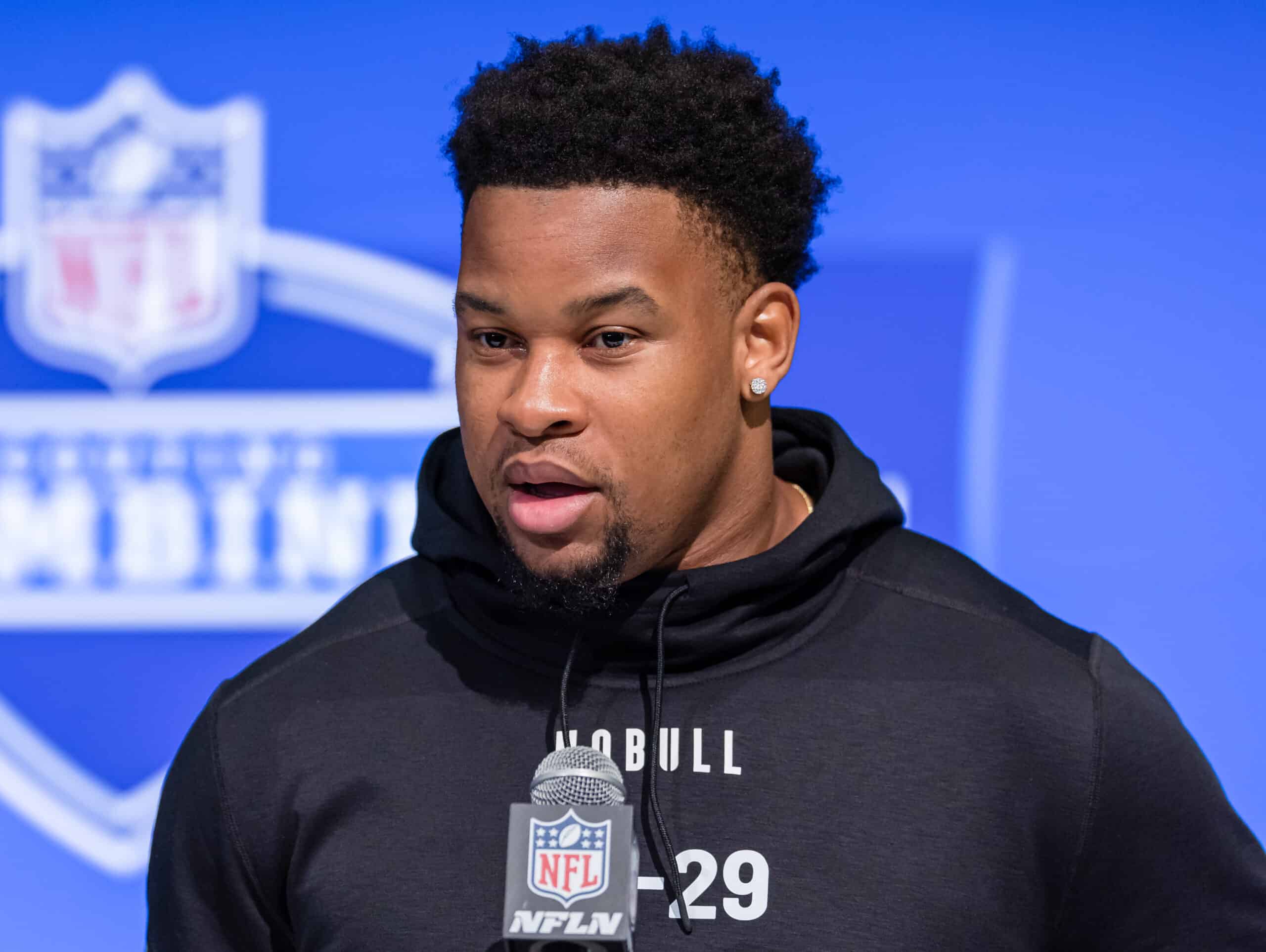 INDIANAPOLIS, INDIANA - FEBRUARY 28: Nathaniel Bookie Watson #LB29 of the Mississippi State Bulldogs speaks to the media during the 2024 NFL Draft Combine at Lucas Oil Stadium on February 28, 2024 in Indianapolis, Indiana.