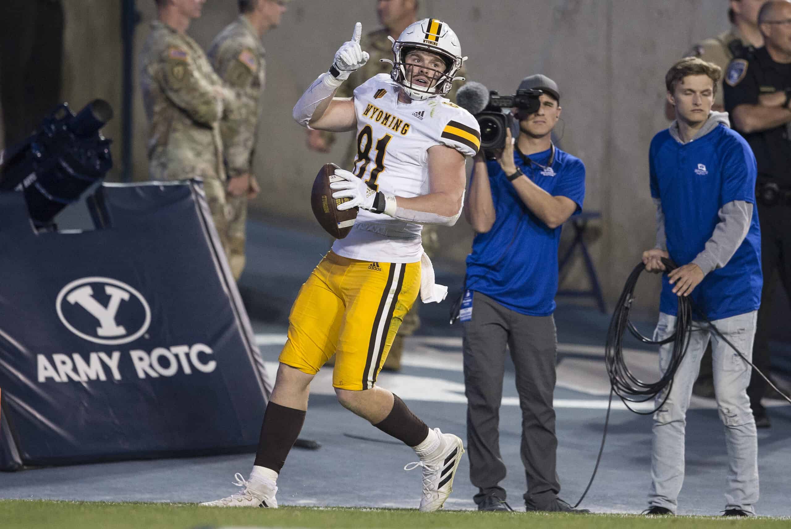 PROVO, UT- SEPTEMBER 24: Trenton Welch #81 of the Wyoming Cowboys celebrates scoring a touchdown against the Brigham Young Cougars during the second half of their game September 24, 2022 at LaVell Edwards Stadium in Provo, Utah.