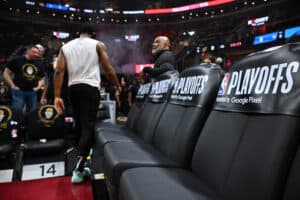 CLEVELAND, OHIO - APRIL 30: Donovan Mitchell #45 of the Cleveland Cavaliers walks off the court prior to game five of the Eastern Conference First Round Playoffs against the Orlando Magic at Rocket Mortgage Fieldhouse on April 30, 2024 in Cleveland, Ohio. NOTE TO USER: User expressly acknowledges and agrees that, by downloading and or using this photograph, User is consenting to the terms and conditions of the Getty Images License Agreement.