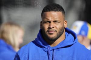 SANTA CLARA, CALIFORNIA - JANUARY 07: Aaron Donald #99 of the Los Angeles Rams looks on during a game against the San Francisco 49ers at Levi's Stadium on January 07, 2024 in Santa Clara, California.