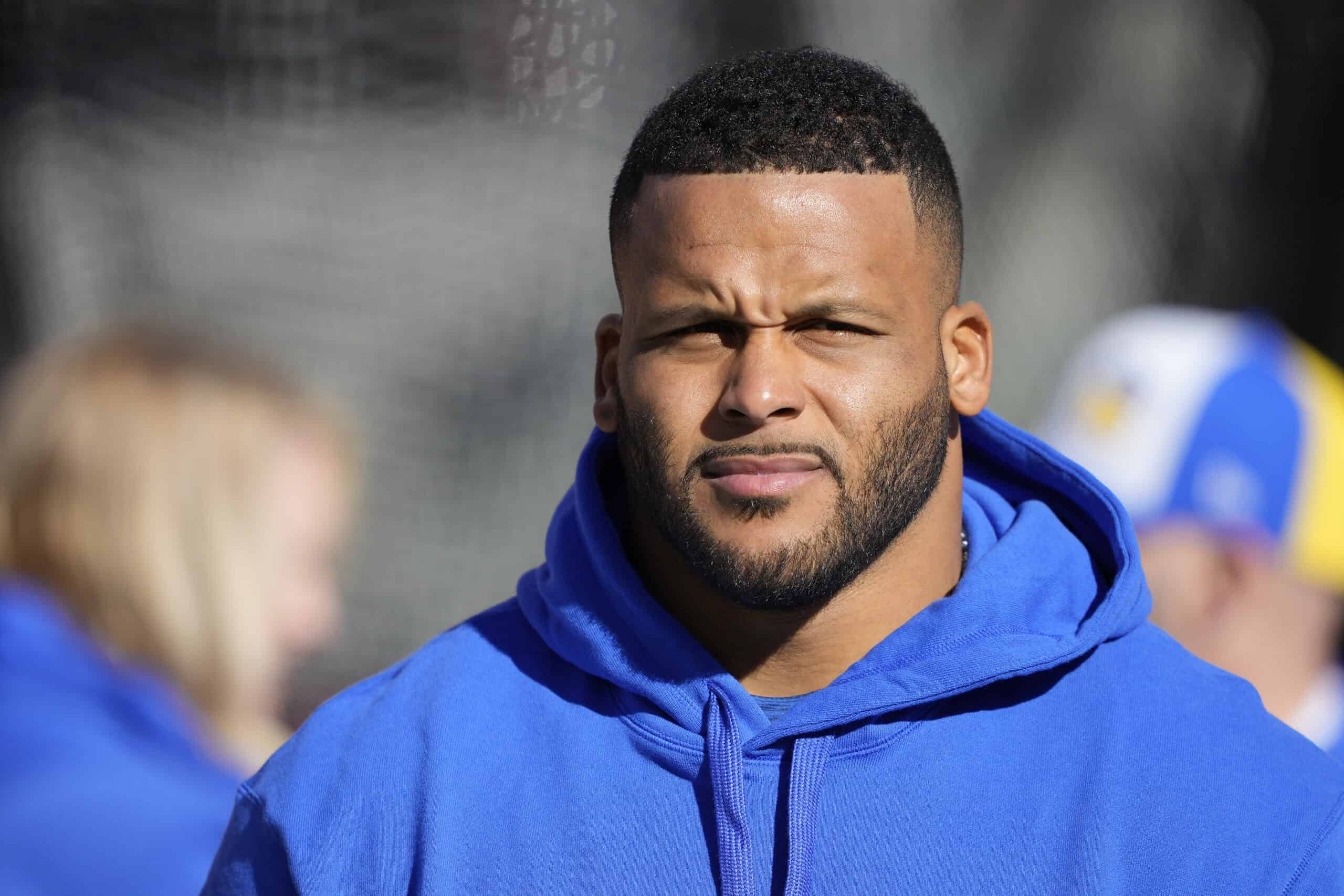 SANTA CLARA, CALIFORNIA - JANUARY 07: Aaron Donald #99 of the Los Angeles Rams looks on during a game against the San Francisco 49ers at Levi's Stadium on January 07, 2024 in Santa Clara, California.