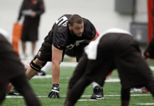 BEREA, OH - MAY 17: Cleveland Browns draft pick Joel Bitonio #75 works out during the Cleveland Browns rookie minicamp on May 17, 2014 at the Browns training facility in Berea, Ohio.