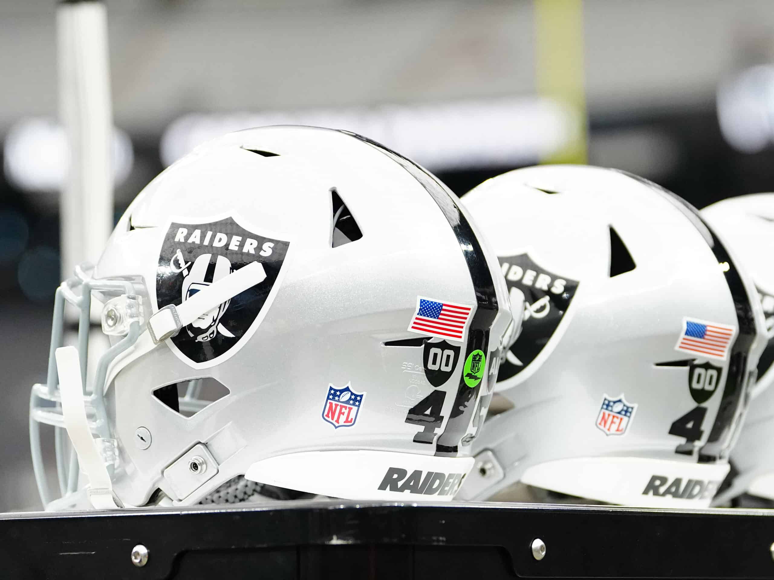 LAS VEGAS, NEVADA - SEPTEMBER 22: Las Vegas Raiders helmets are seen before the game against the Carolina Panthers at Allegiant Stadium on September 22, 2024 in Las Vegas, Nevada.