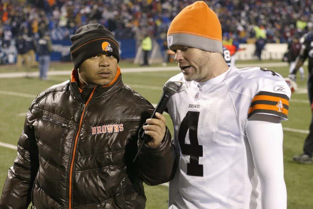 ORCHARD PARK - NOVEMBER 17: Phil Dawson #4 of the Cleveland Browns talks with media after the game against the Buffalo Bills at Ralph Wilson Stadium on November 17, 2008 in Orchard Park, New York.