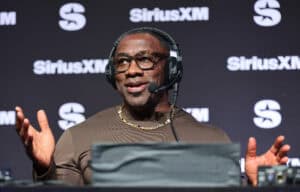 LAS VEGAS, NEVADA - FEBRUARY 07: Shannon Sharpe speaks on SiriusXM at Super Bowl LVIII on February 07, 2024 in Las Vegas, Nevada.