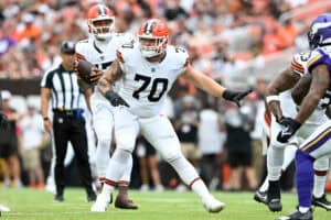 CLEVELAND, OHIO - AUGUST 17: Zak Zinter #70 of the Cleveland Browns in action during the first half of a preseason game against the Minnesota Vikings at Cleveland Browns Stadium on August 17, 2024 in Cleveland, Ohio.