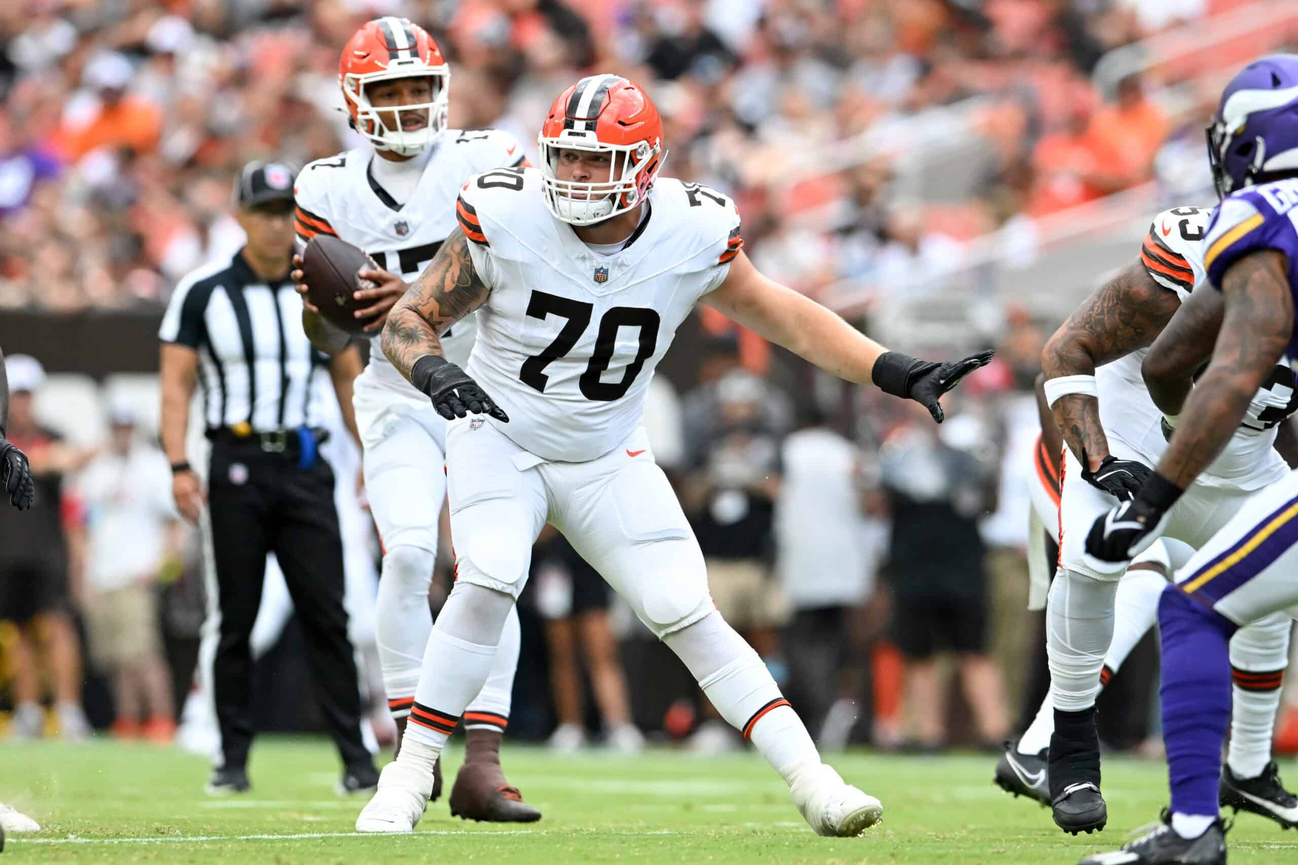 CLEVELAND, OHIO - AUGUST 17: Zak Zinter #70 of the Cleveland Browns in action during the first half of a preseason game against the Minnesota Vikings at Cleveland Browns Stadium on August 17, 2024 in Cleveland, Ohio.