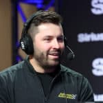 LAS VEGAS, NEVADA - FEBRUARY 07: Baker Mayfield speaks SiriusXM at Super Bowl LVIII on February 07, 2024 in Las Vegas, Nevada.