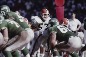 Clay Matthews #57, Left Linebacker for the Cleveland Browns looks over to the New York Jets offensive line during the American Football Conference East Division game against the New York Jets on 16th September 1990 at the Giants Stadium in East Rutherford, New Jersey, United States. The Jets won the game 24 - 21.