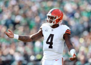 PHILADELPHIA, PENNSYLVANIA - OCTOBER 13: Deshaun Watson #4 of the Cleveland Browns reacts after an incomplete pass against the Philadelphia Eagles during the second quarter at Lincoln Financial Field on October 13, 2024 in Philadelphia, Pennsylvania.
