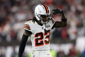 CLEVELAND, OHIO - DECEMBER 28: Martin Emerson Jr. #23 of the Cleveland Browns celebrates in the first half against the New York Jets at Cleveland Browns Stadium on December 28, 2023 in Cleveland, Ohio.