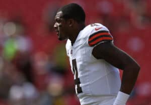 LANDOVER, MARYLAND - OCTOBER 06: Deshaun Watson #4 of the Cleveland Browns looks on before the game against the Washington Commanders at FedExField on October 06, 2024 in Landover, Maryland.