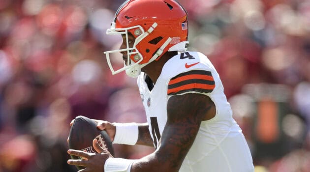 LANDOVER, MARYLAND - OCTOBER 06: Deshaun Watson #4 of the Cleveland Browns looks to pass against the Washington Commanders during the first half at Northwest Stadium on October 06, 2024 in Landover, Maryland.