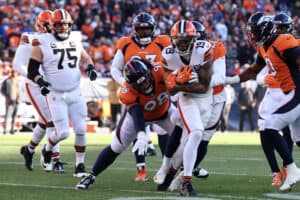 DENVER, COLORADO - NOVEMBER 26: Cedric Tillman #19 of the Cleveland Browns catches the ball in the first quarter of the game against the Denver Broncos at Empower Field At Mile High on November 26, 2023 in Denver, Colorado.