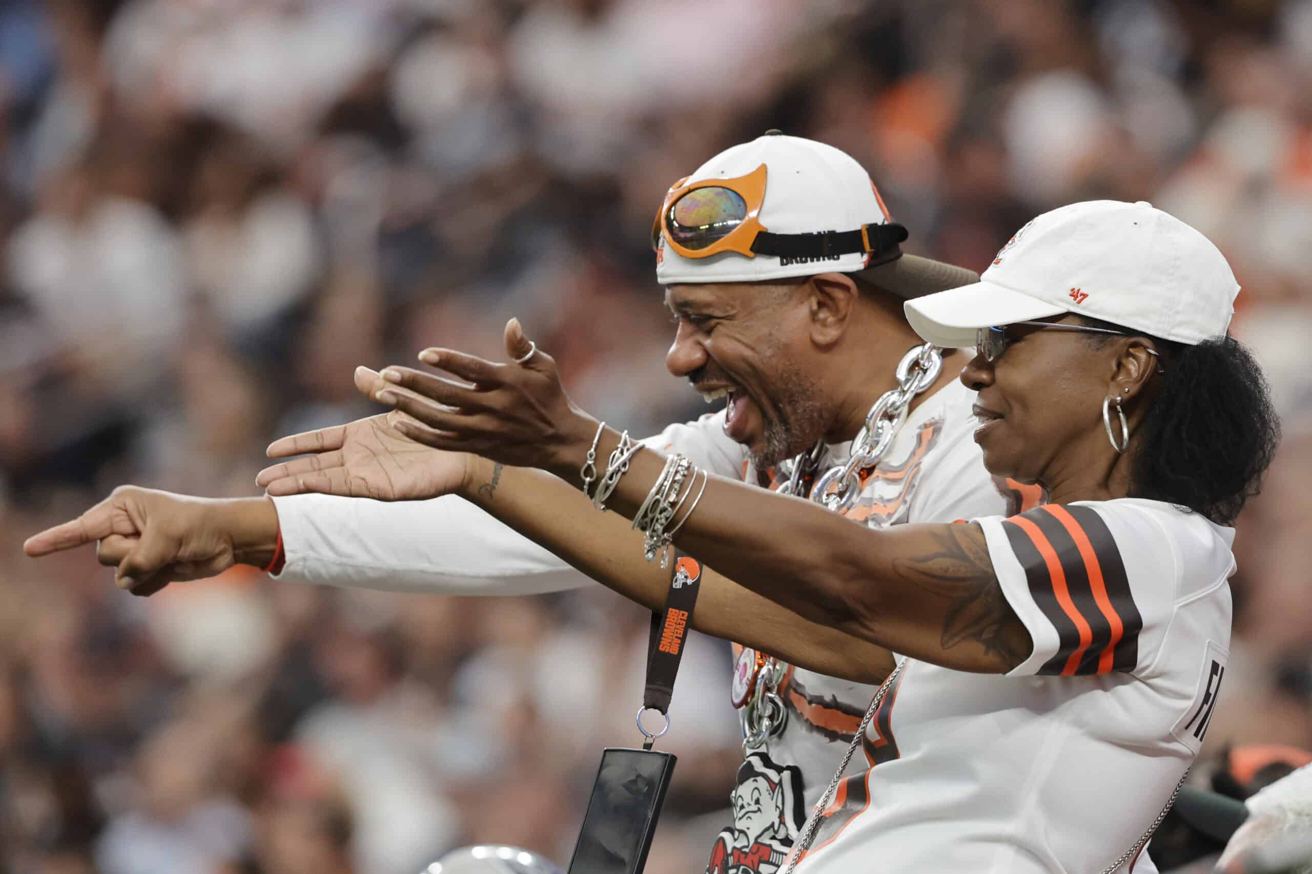 LAS VEGAS, NEVADA - SEPTEMBER 29: Cleveland Browns fans cheer during the game between the Cleveland Browns and Las Vegas Raiders at Allegiant Stadium on September 29, 2024 in Las Vegas, Nevada.