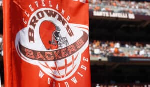 CLEVELAND, OH - SEPTEMBER 09: Cleveland "Browns Backers" flag before the start of their game against the Philadelphia Eagles their season opener at Cleveland Browns Stadium on September 9, 2012 in Cleveland, Ohio.