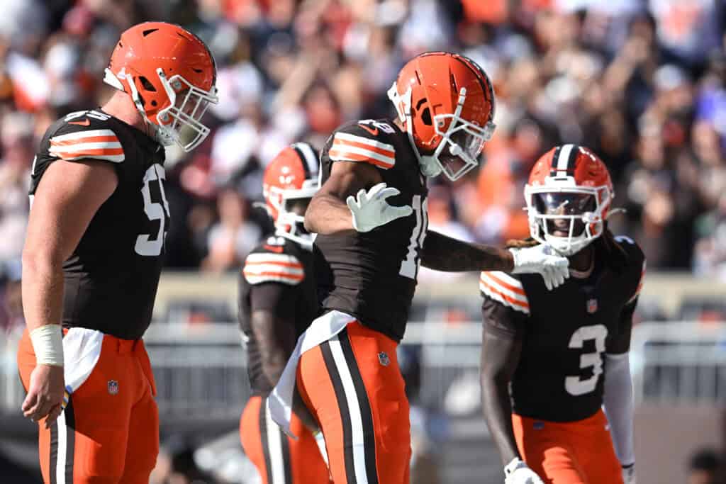 CLEVELAND, OHIO - OCTOBER 27: Cedric Tillman #19 of the Cleveland Browns celebrates after receiving touchdown in the third quarter of a game against the Baltimore Ravens at Huntington Bank Field on October 27, 2024 in Cleveland, Ohio.