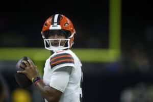NEW ORLEANS, LOUISIANA - NOVEMBER 17: Jameis Winston #5 of the Cleveland Browns looks on during the game against the New Orleans Saints at Caesars Superdome on November 17, 2024 in New Orleans, Louisiana.