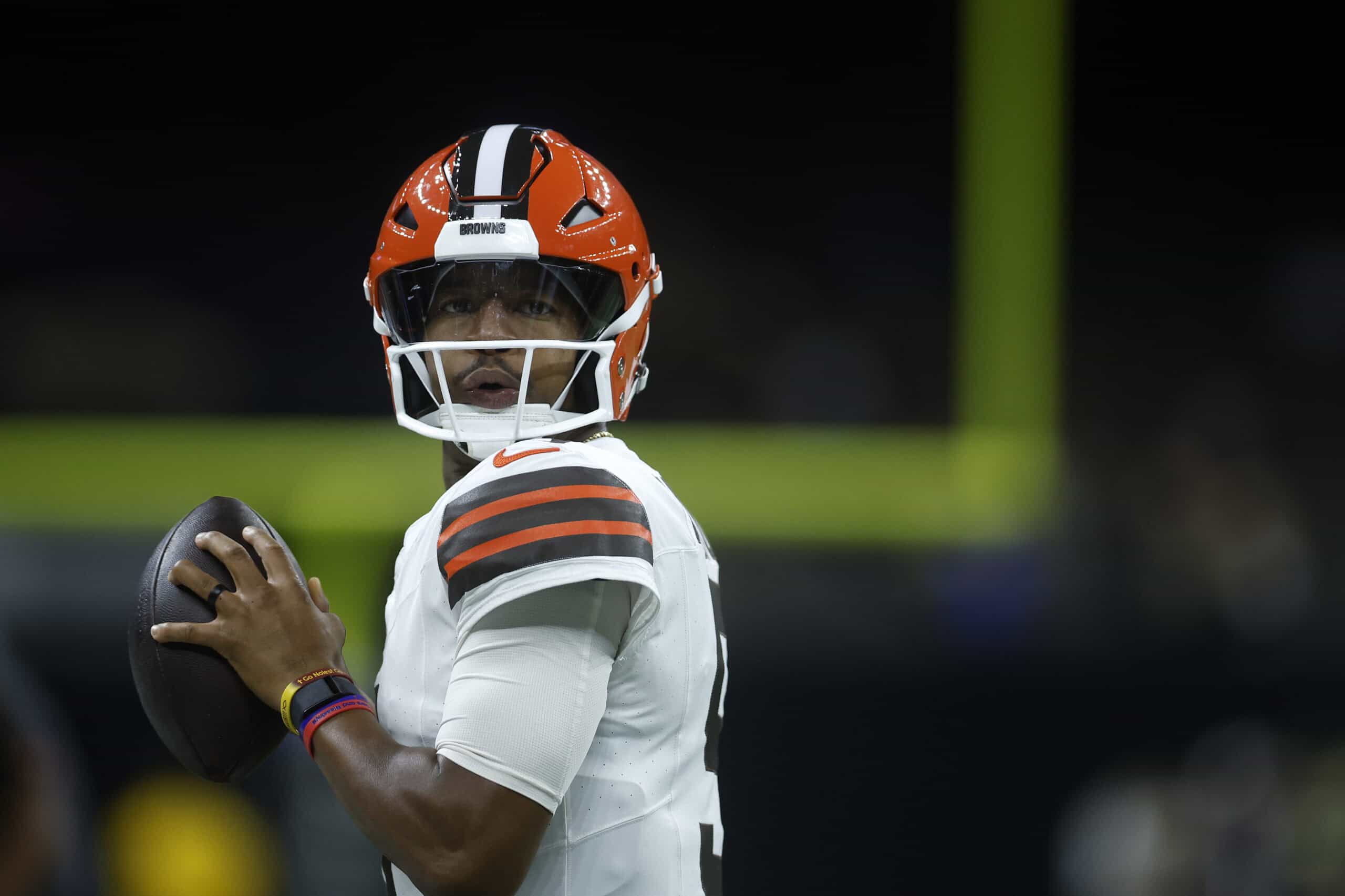 NEW ORLEANS, LOUISIANA - NOVEMBER 17: Jameis Winston #5 of the Cleveland Browns looks on during the game against the New Orleans Saints at Caesars Superdome on November 17, 2024 in New Orleans, Louisiana.