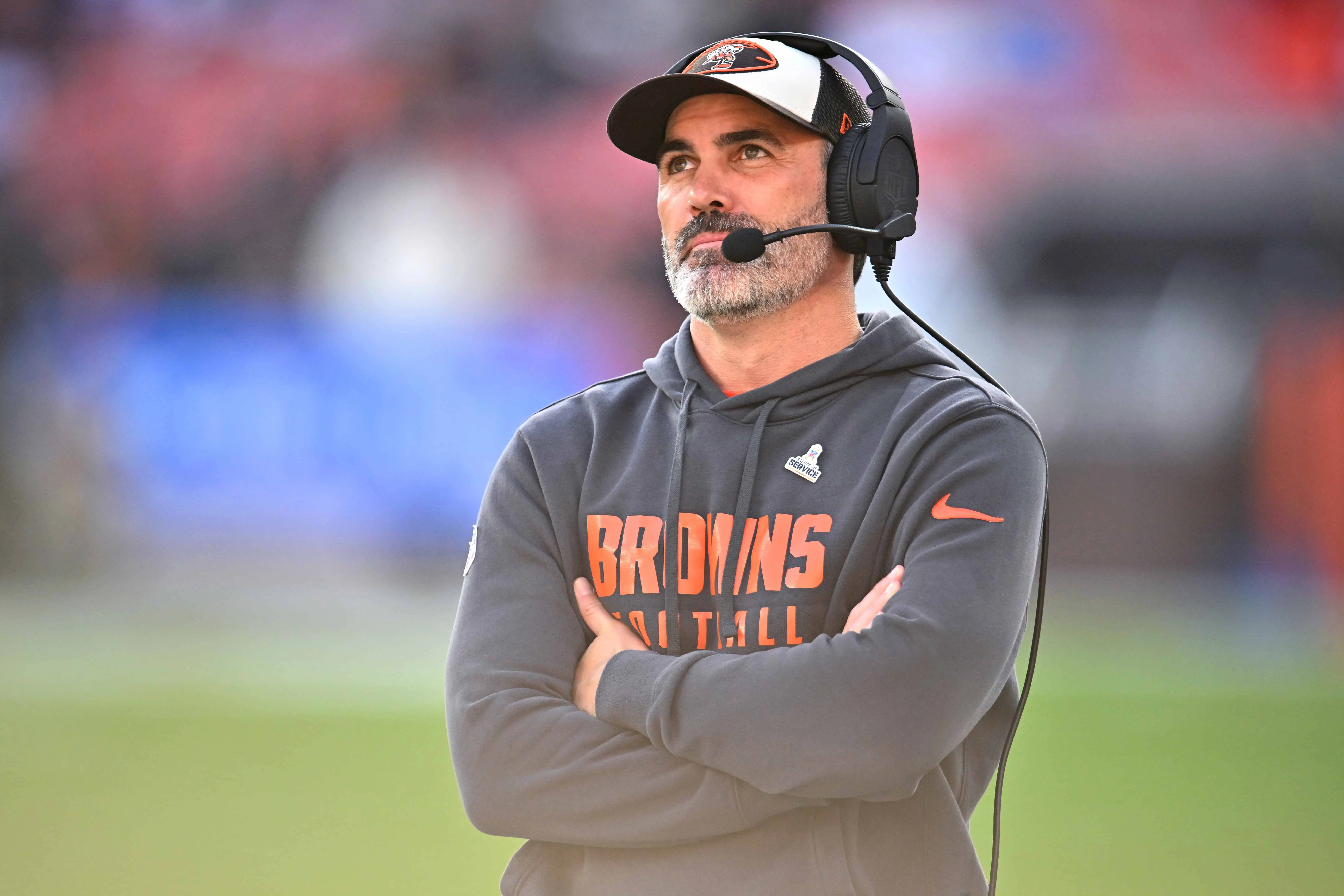 CLEVELAND, OHIO - NOVEMBER 03: Head coach Kevin Stefanski of the Cleveland Browns looks on during the fourth quarter against the Los Angeles Chargers at Huntington Bank Field on November 03, 2024 in Cleveland, Ohio.