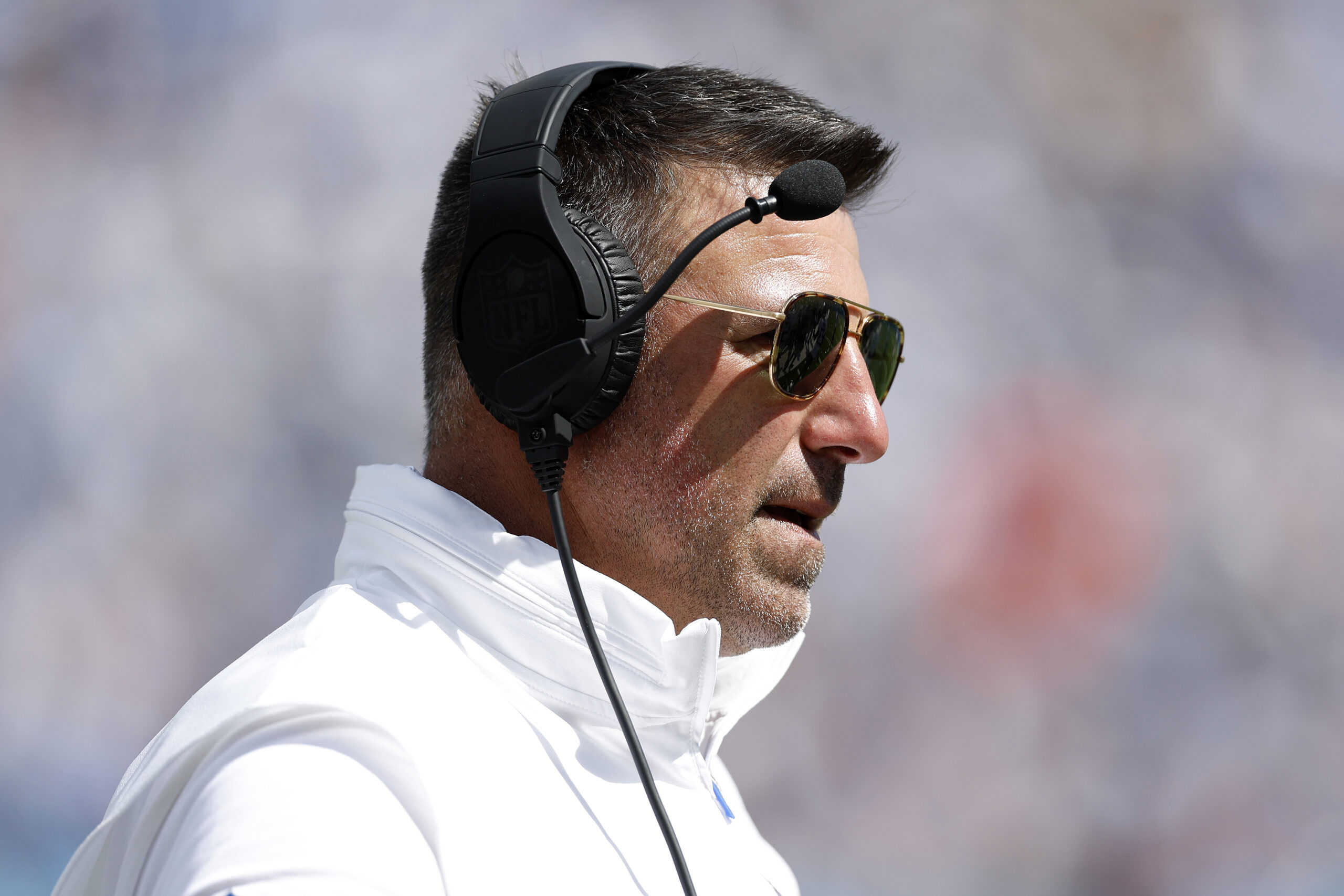 NASHVILLE, TENNESSEE - SEPTEMBER 17: Head coach Mike Vrabel of the Tennessee Titans looks on during the third quarter against the Los Angeles Chargers at Nissan Stadium on September 17, 2023 in Nashville, Tennessee.