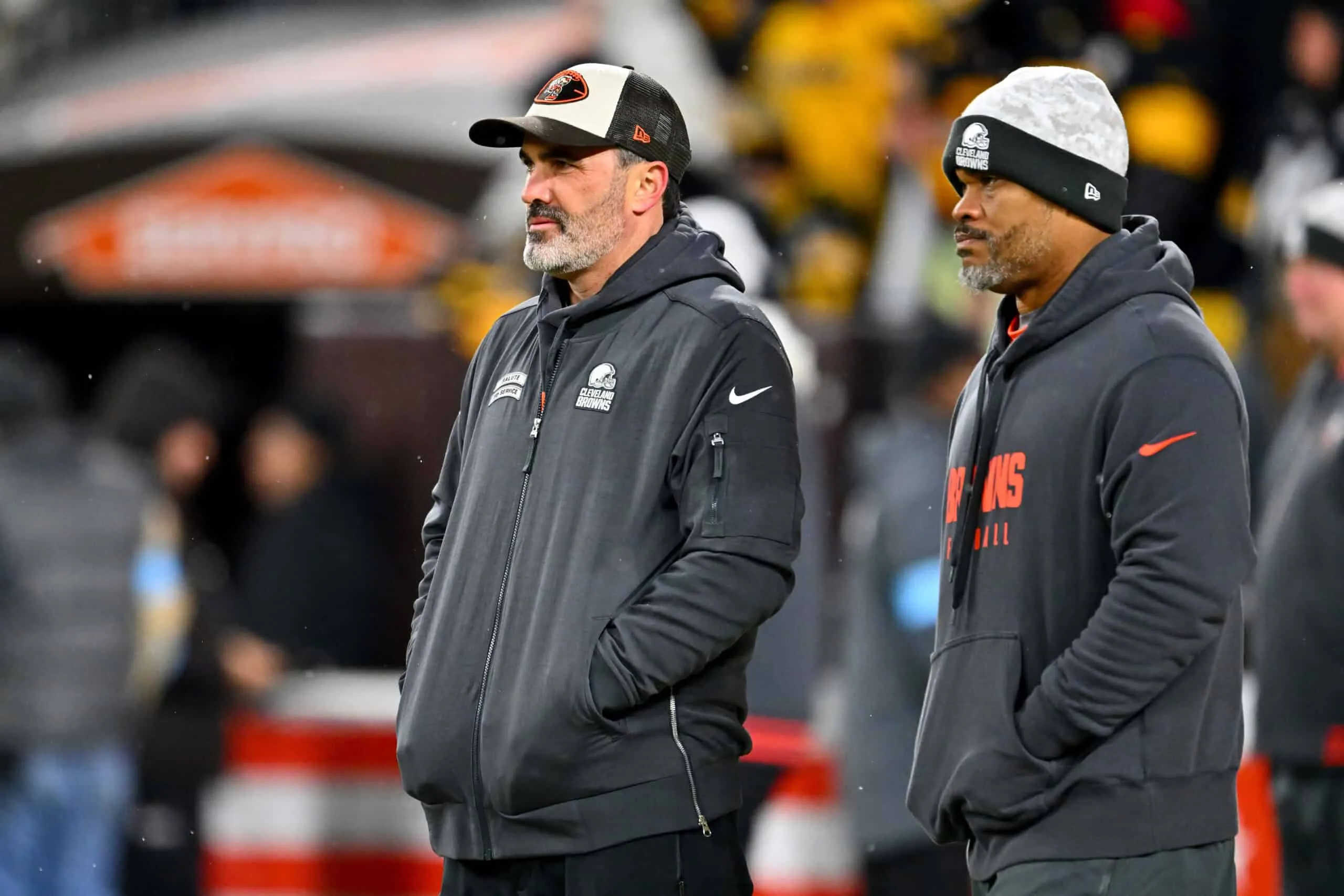CLEVELAND, OHIO - NOVEMBER 21: Head coach Kevin Stefanski of the Cleveland Browns looks on prior to the game against the Pittsburgh Steelers at Huntington Bank Field on November 21, 2024 in Cleveland, Ohio.