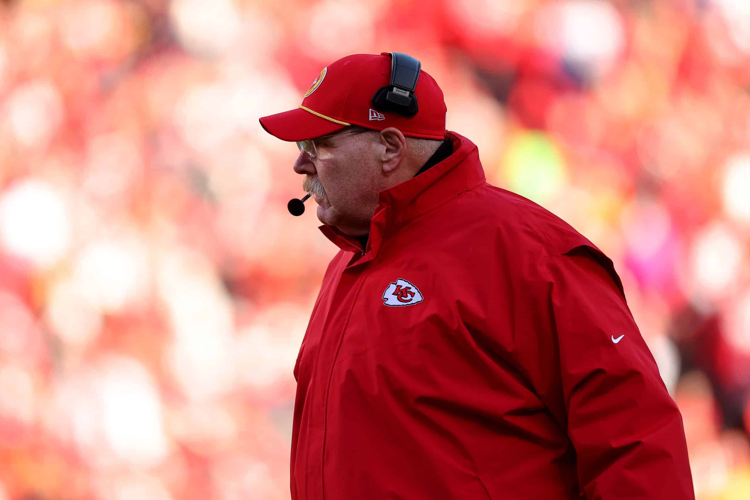 KANSAS CITY, MISSOURI - NOVEMBER 29: Head coach Andy Reid of the Kansas City Chiefs looks on against the Las Vegas Raiders during the first quarter in the game at GEHA Field at Arrowhead Stadium on November 29, 2024 in Kansas City, Missouri.