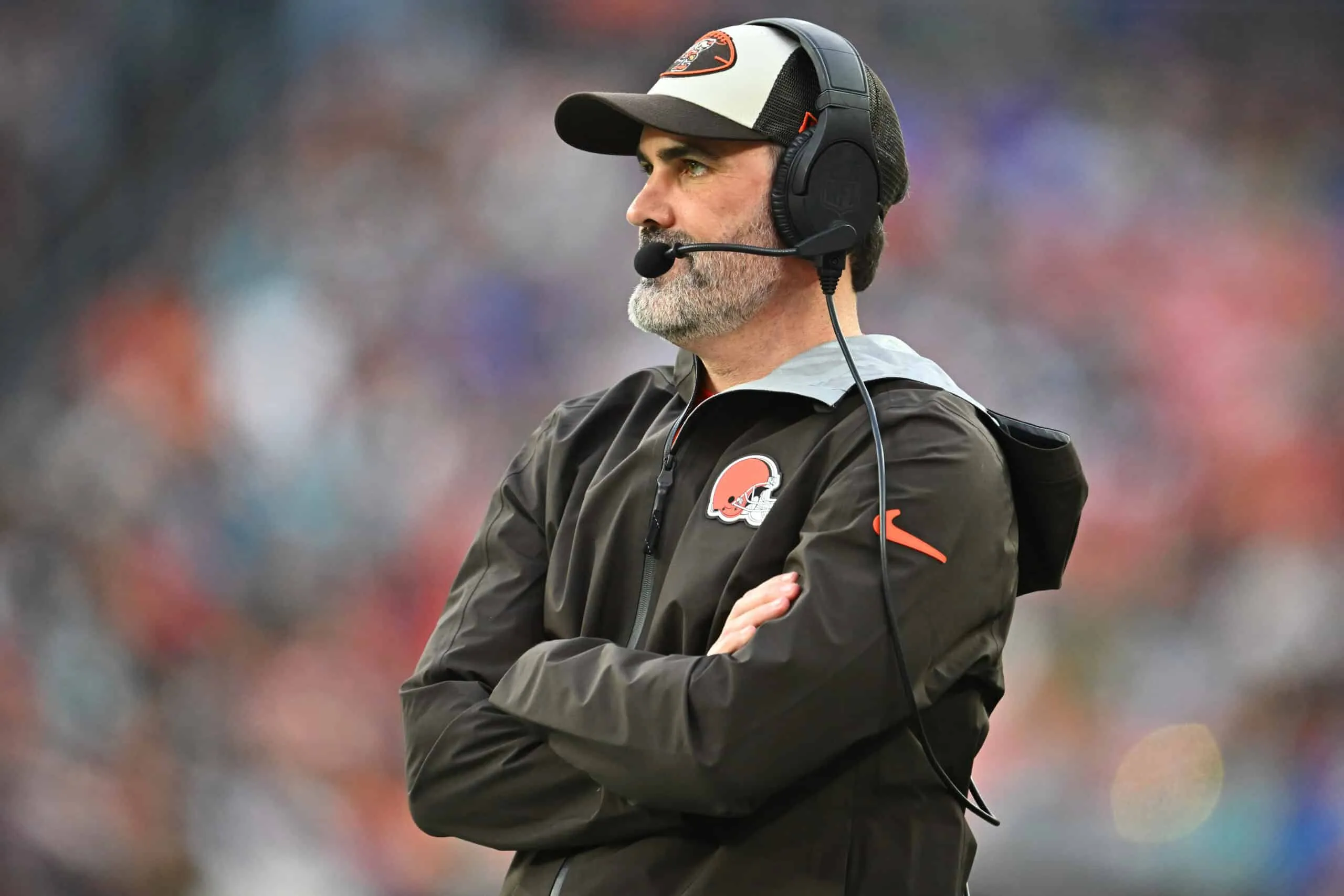 CLEVELAND, OHIO - DECEMBER 29: Head coach Kevin Stefanski of the Cleveland Browns looks on during the first quarter against the Miami Dolphins at Huntington Bank Field on December 29, 2024 in Cleveland, Ohio.