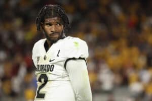 TEMPE, ARIZONA - OCTOBER 07: Quarterback Shedeur Sanders #2 of the Colorado Buffaloes watches from the sidelines during the second half of the NCAAF game against the Arizona State Sun Devils at Mountain America Stadium on October 07, 2023 in Tempe, Arizona. The Buffaloes defeated the Sun Devils 27-24.