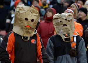 CLEVELAND, OH - JANUARY 3: Cleveland Browns fans look on during the fourth quarter against the Pittsburgh Steelers at FirstEnergy Stadium on January 3, 2016 in Cleveland, Ohio. Pittsburgh won the game 28-12.